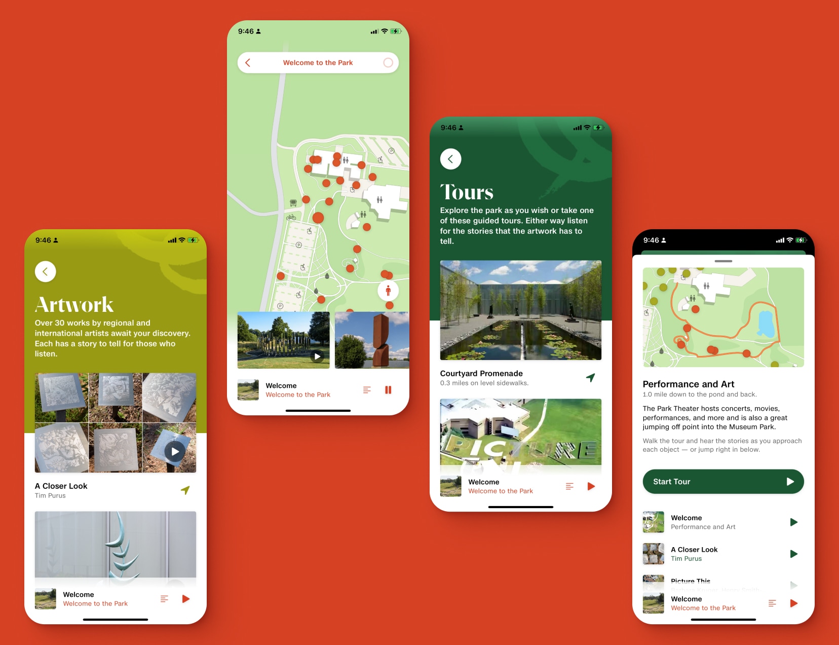 Screenshots of app map, tours, and artwork